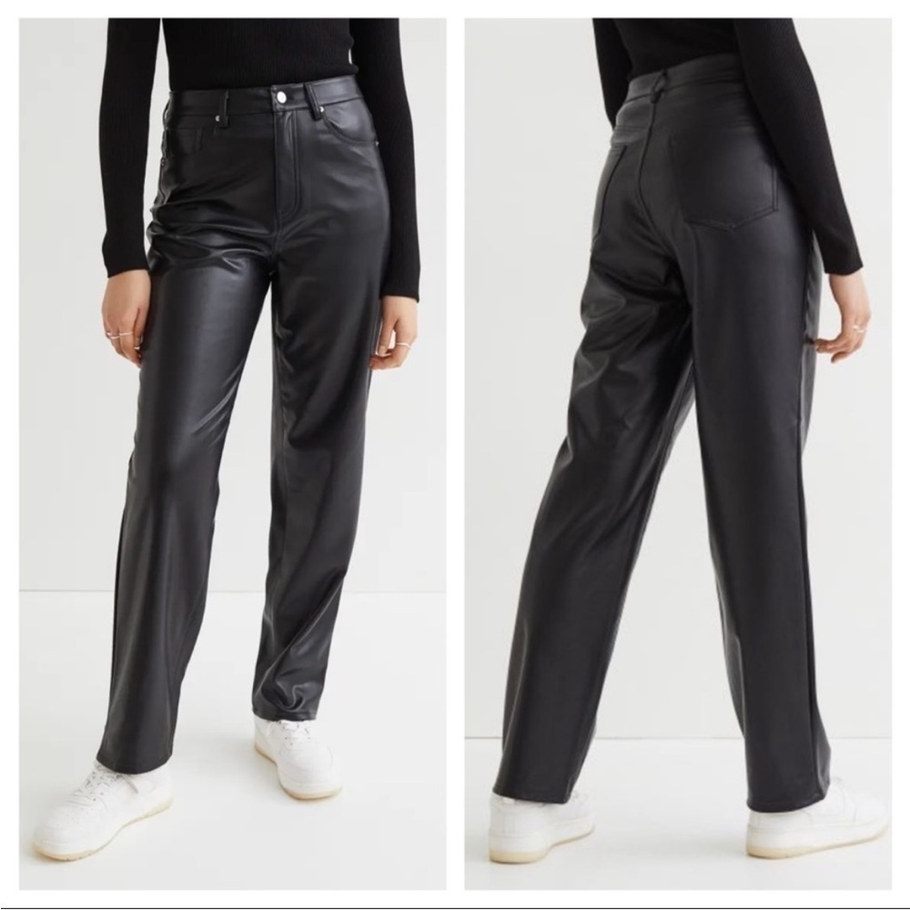 NWT H&M Pant Trouser Faux Leather Black Straight Leg Wide Winter Sweater Knit 14